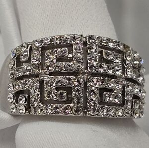 18k GP White Gold Greek Key Pattern Crystal Pave Silver Ring Size 8